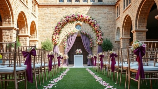 Elegant wedding decor with floral arch at stone venue