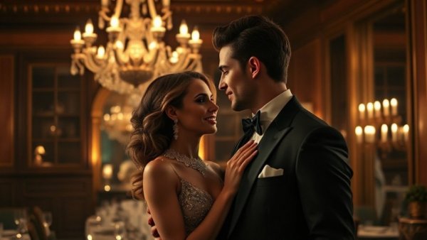 Elegant indoor wedding setting with a couple in formal attire.