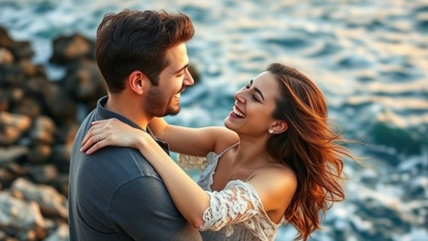 Romantic couple sharing a moment by the ocean at sunset.