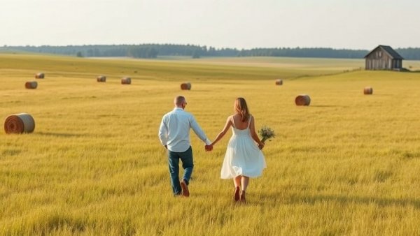 Couple walking hand in hand in green field, engagement photo.