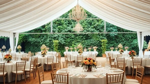 Elegant Charleston wedding venue with floral tables under a tent.