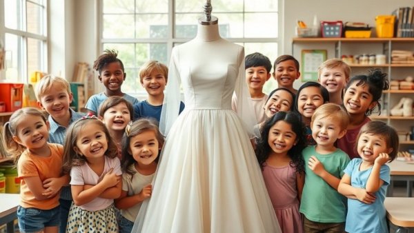 Schoolchildren gather around a wedding dress mannequin in a vibrant classroom.
