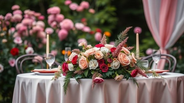 Elegant garden wedding table with pink and floral decor, greenery in the background.