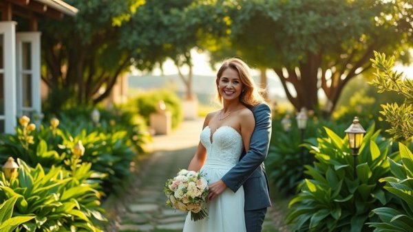 Elegant couple at coastal wedding venue in garden setting.