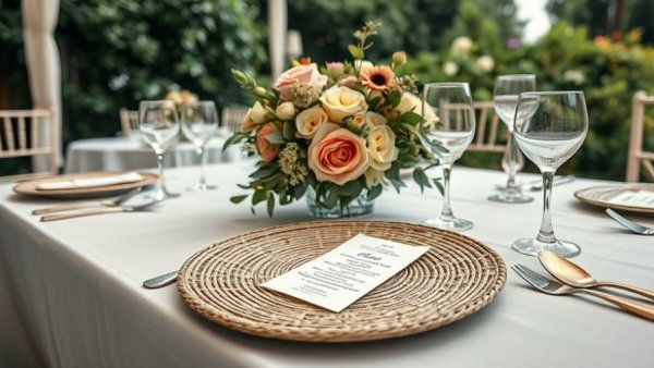 Elegant wedding table setting with floral centerpiece and menu card.