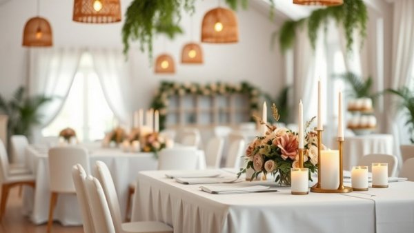 Elegant wedding reception setup with floral decor and ambient lighting.