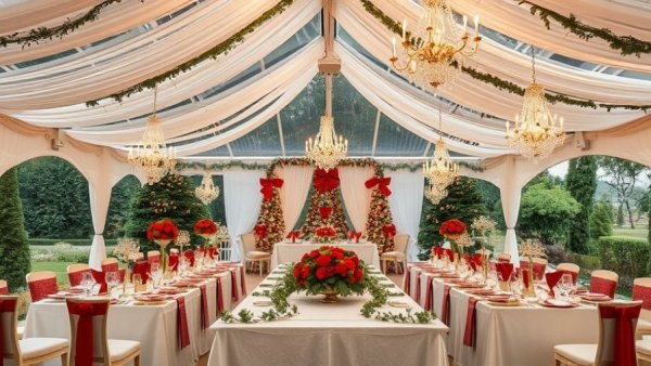Elegant Christmas-themed wedding reception under draped tent.