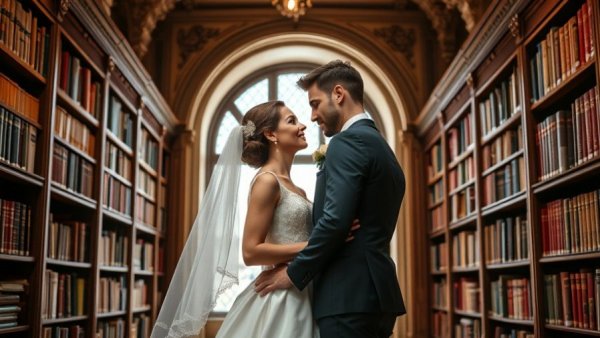 Elegant couple in ornate library setting, perfect for coastal wedding themes.