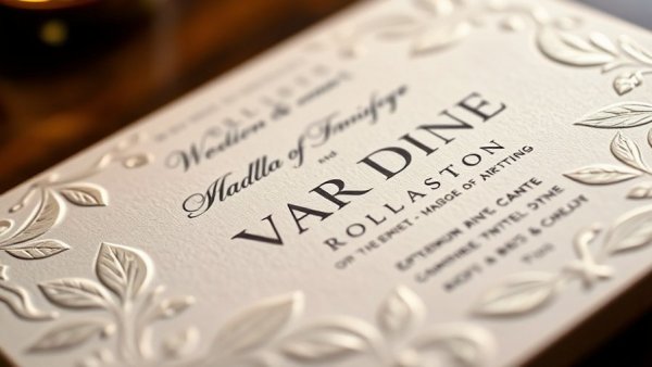 Elegant embossed wedding invitations with leaf pattern design.