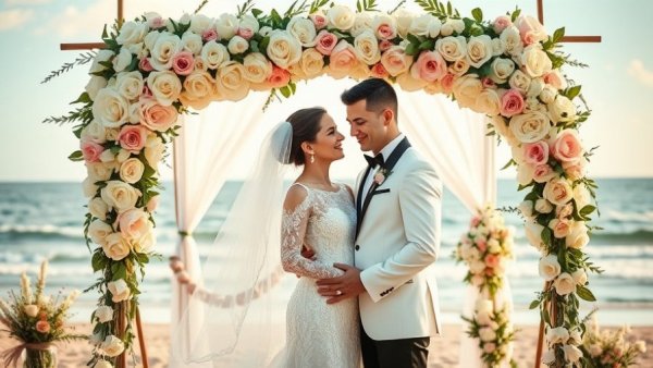 Coastal wedding couple under floral arch