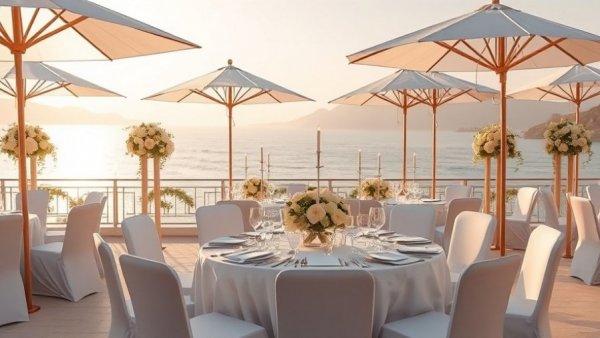 Amalfi Coast wedding table setup with floral decor and sea view.