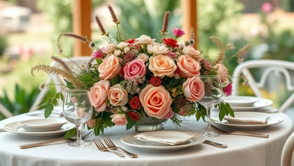 Elegant table setting at a summer garden wedding with floral centerpiece.