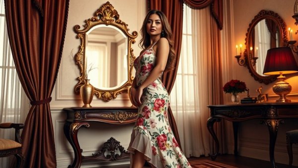 Elegant woman in a luxurious floral gown reflecting on Lulus bridesmaid dresses quality.