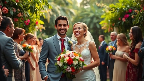 Celebrating couple at a garden wedding venue in Marrakech.