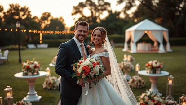 Southern destination wedding couple posing on elegant lawn with tent.
