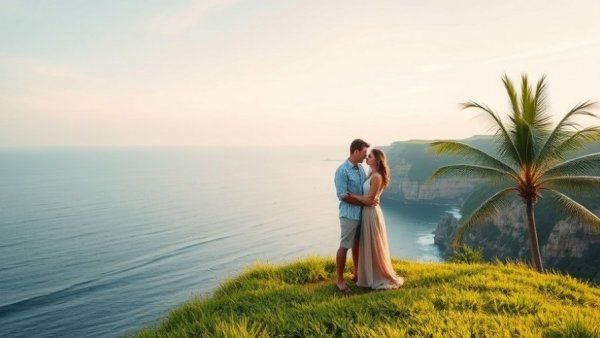 Seaside wedding venue with romantic couple and palm tree.