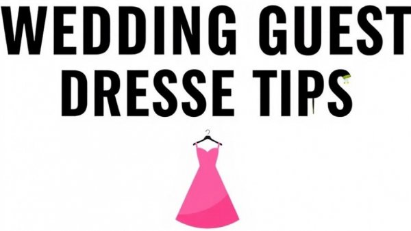 Minimalistic pink dress illustration with 'Wedding Guest Dress Tips' text.