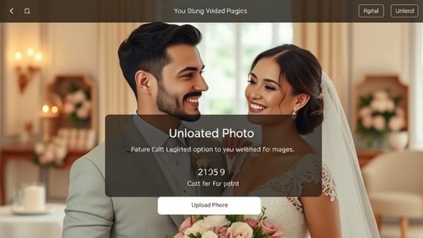 Digital interface for uploading wedding photos from guests, featuring a smiling bridal couple and upload options.