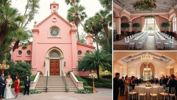 Winter Wonderland Wedding in Charleston at a historic pink church with greenery.