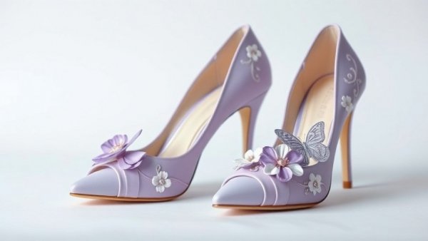 Elegant lavender wedding shoes with floral embroidery.