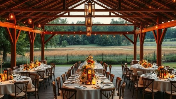 Rustic autumn wedding celebration under pavilion with lanterns.