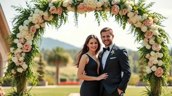 Elegant couple at black-tie cowboy wedding theme with floral arch.