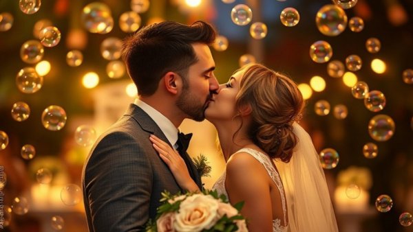 Joyful couple at wedding with bubbles creating a magical exit.