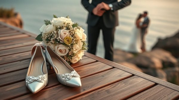 Elegant wedding details with couple at oceanfront venue