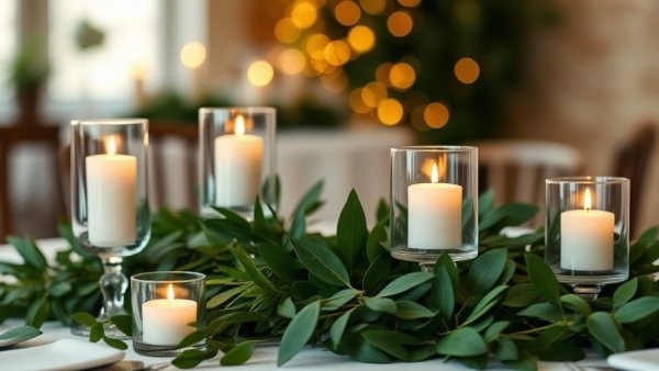 Elegant non-floral wedding centerpiece with candles and greenery.