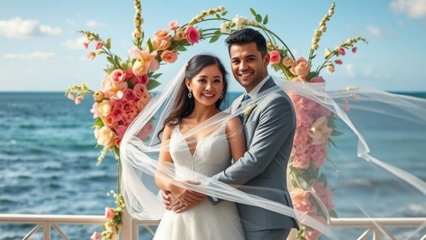 Wedding couple with floral decor by the ocean: SEO for Wedding Vendors.