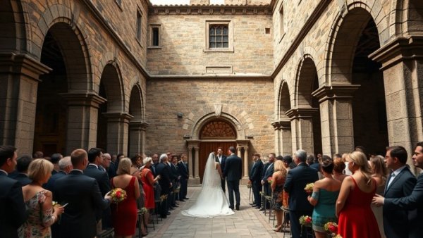 Modern Fairytale Wedding Celebration in historic courtyard setting.