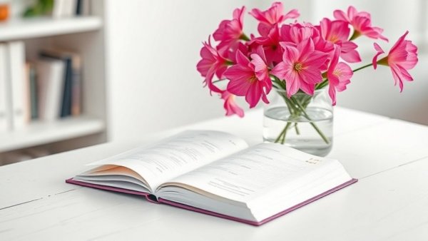 Open planner and pink flowers for wedding planning tips.