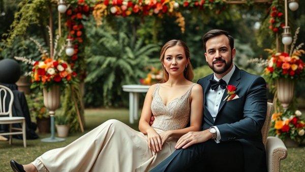 Stylish wedding attire showcase with elegant outdoor setting.