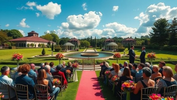 Rainbow-Hued French Garden Wedding ceremony with vibrant flowers and serene landscape.