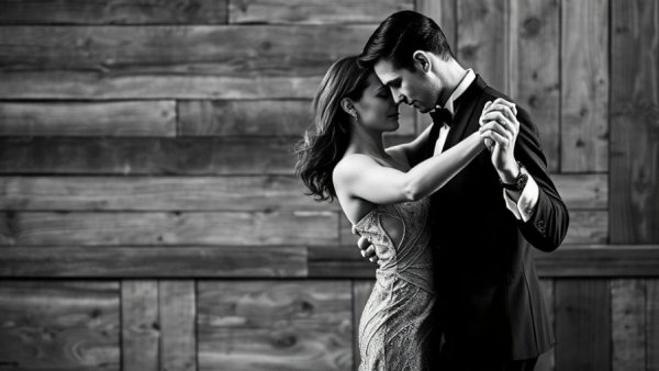 Elegant couple dancing rumba in black and white for wedding