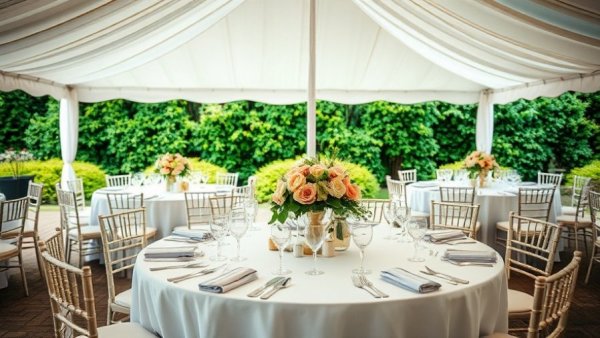 Elegant Rehoboth Beach wedding setup with floral decor and fine dining.