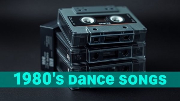 Retro cassette tapes with text overlay about 1980s dance songs.