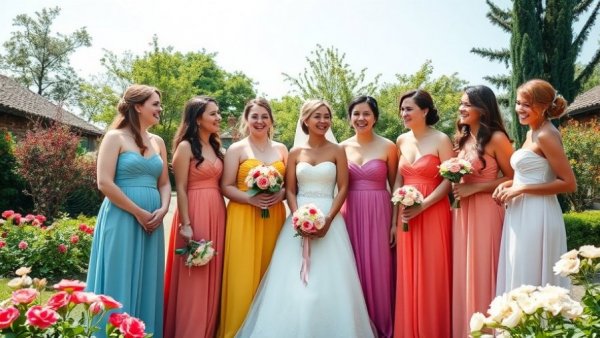 Bridesmaids and bride laughing in vibrant garden at wedding venue.