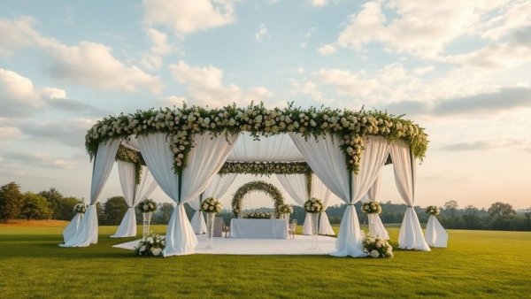 Elegant blue and white wedding decor under a tent with greenery.