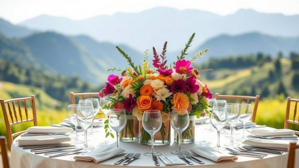 Beautiful outdoor wedding venue with elegantly set tables.