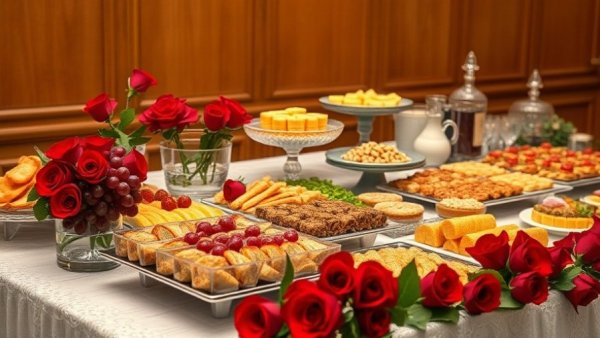 Elegant wedding buffet with appetizers and roses for wedding vendors.