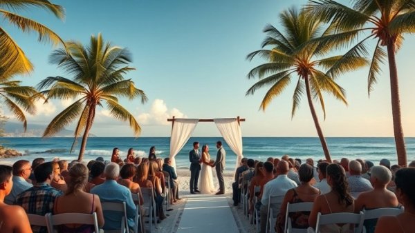 Colombian wedding traditions on a beachfront with guests and palm trees.