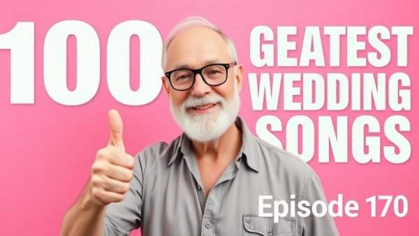 Cheerful man with thumbs up in front of '100 Greatest Wedding Songs' poster