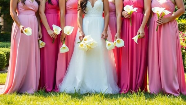 Bridesmaids in vibrant green dresses holding calla lilies at wedding.