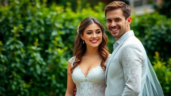 Bride in lace gown smiling at wedding, natural garden setting.