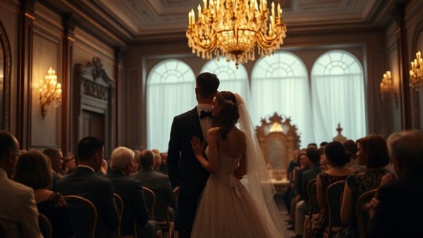 Vintage 1997 wedding scene with bride and groom, elegant setting