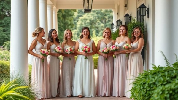 AW Bridal Review: Group of bridesmaids in elegant dresses holding bouquets.
