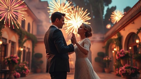 Elegant wedding dance with fireworks at an Italian villa.