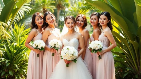 Refined Maui Wedding Decor with elegant bride and bridesmaids in tropical garden.