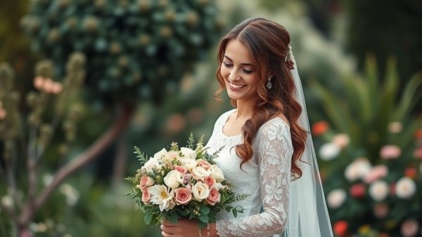Elegant bride in lace at Memphis wedding venue garden.